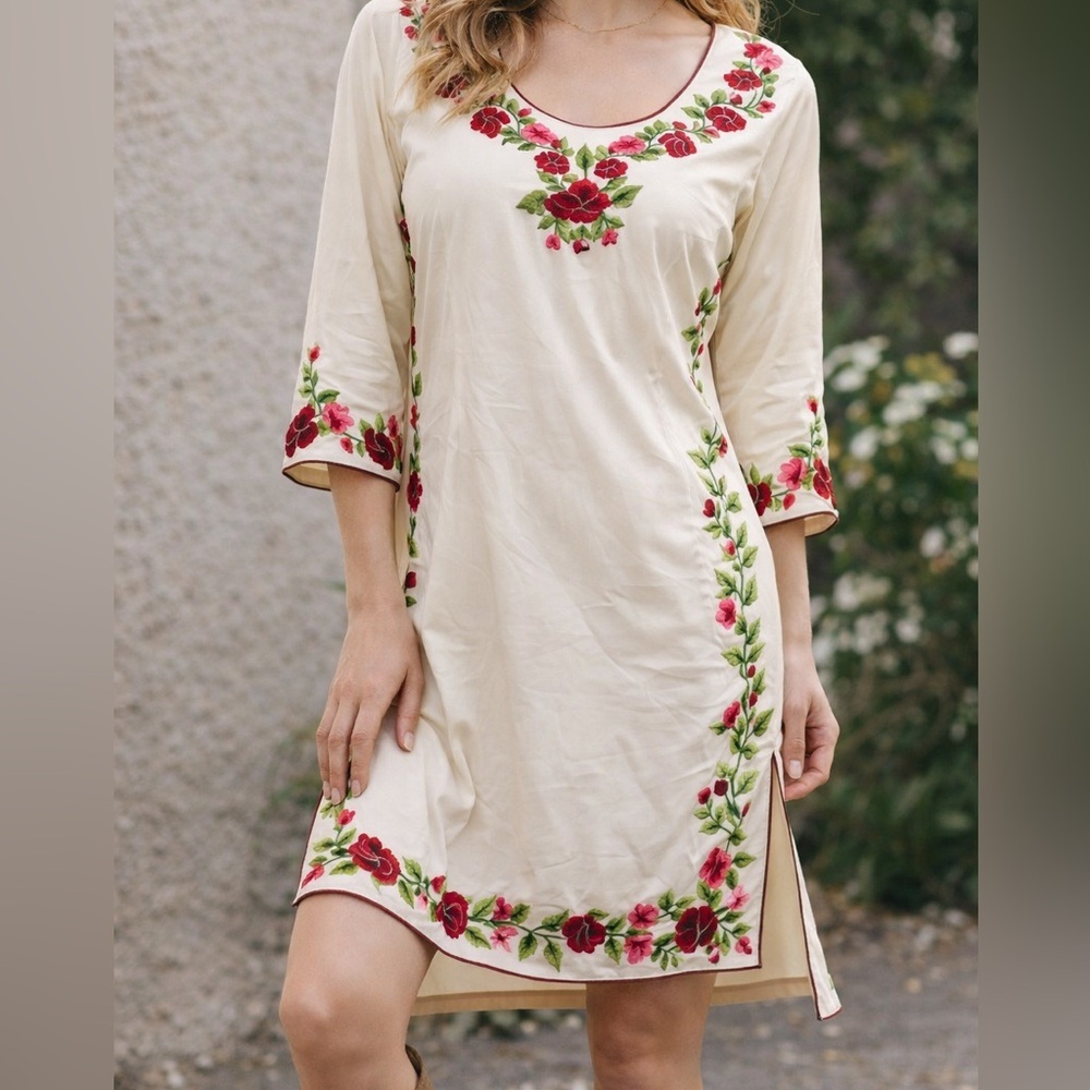 Handmade‎ Embroidered Floral Dress Boho Cottagecore Rose Tunic Kurti